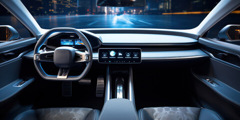 Sleek, futuristic dashboard inside a modern car - obrazy, fototapety, plakaty