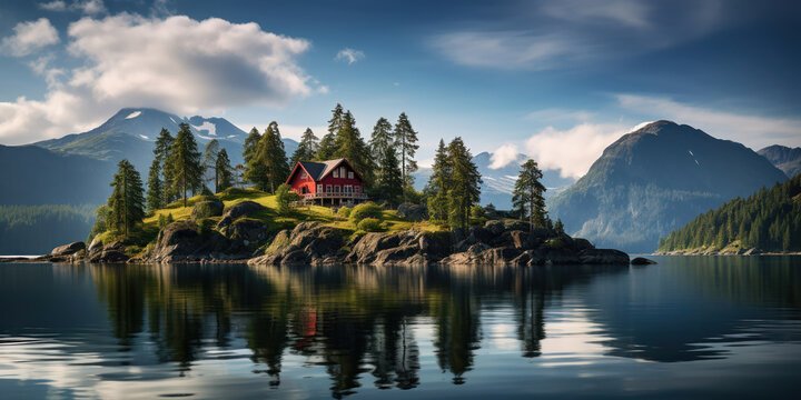 Isolated on a lake island, embraced by mountain sentinels, a solitary house exists in peaceful coexistence with the wild