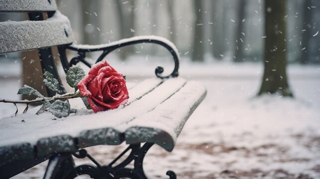 A snow-covered bench in a city park, with a single red rose placed delicately on the seat, creating a poignant and romantic winter moment.