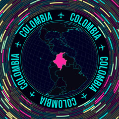 Colombia on globe. Satellite view of the world centered on Colombia. Bright neon style. Futuristic radial bricks background. Elegant vector illustration.