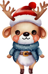 Cute watercolor illustration of reindeer character for Christmas