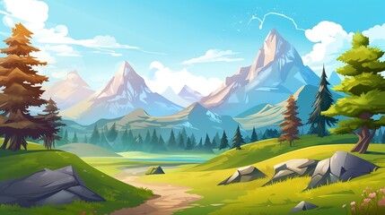Vector Illustration of Grassland and Snowy Mountains