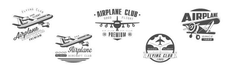 Airplane Flying Club Label and Emblem Vector Set - obrazy, fototapety, plakaty