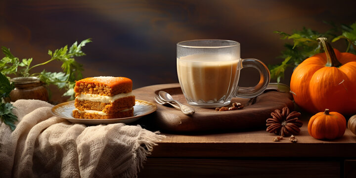 Photo of fragrant coffee on a table with pumpkins and decorations for the holiday ,Autumn Coffee Pumpkin Images 