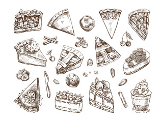 Hand-drawn vintage set of traditional cakes, tarts and pies sketch. Sweet bakery, fruit, berries. Top view. Vector collection of ink baking illustration. Food for Thanksgiving, Christmas.
