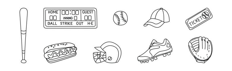 Baseball Special Object and Equipment Line Vector Set