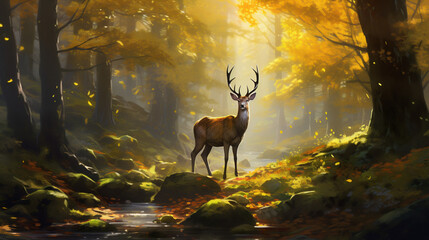 deer in the forest - obrazy, fototapety, plakaty