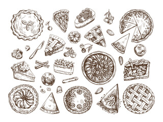 Hand-drawn vintage set of traditional cakes, tarts and pies sketch. Sweet bakery, fruit, berries. Top view. Vector collection of ink baking illustration. Food for Thanksgiving, Christmas. © Mariia Mazaeva