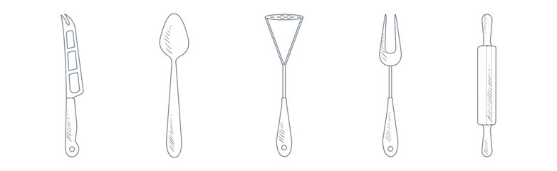 Various Kitchen Tools and Equipment for Cooking Linear Vector Set
