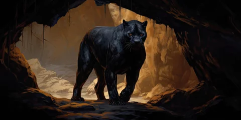 Foto auf Leinwand illustration of the black panther standing in the cave, generative AI © VALUEINVESTOR