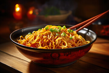 A Bowl of Noodles with Chopsticks on a Wooden Table. Generative Ai