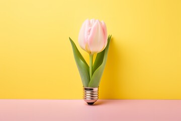 A tulip growing out of a light bulb on a yellow and pink background is a surreal and whimsical image that symbolizes hope and new beginnings. The bright tulip and cheerful colors evoke feelings