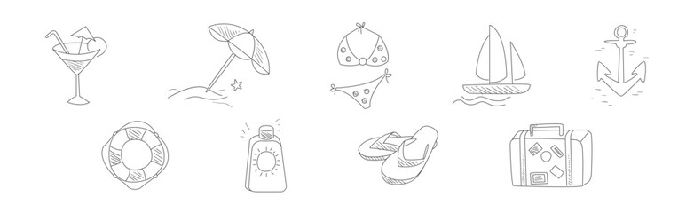 Hand Drawn Summer Travel and Vacation Elements Vector Set