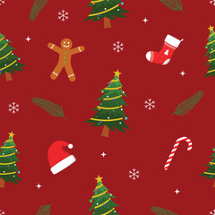 Naklejka na ściany i meble Seamless christmas pattern with christmas tree, gingerbread man and candy cane on red background. Vector illustration for packaging, wrapping paper, web background, cover design, fabric.