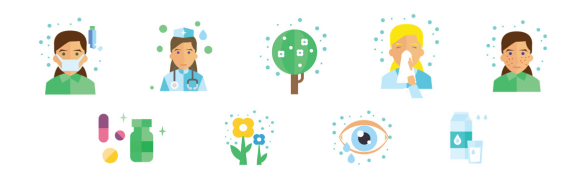 Allergy Concept with Risk Factors Flat Icon Vector Set