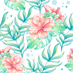 Seamless watercolor tropical pattern with flower and tropical leaves from black background