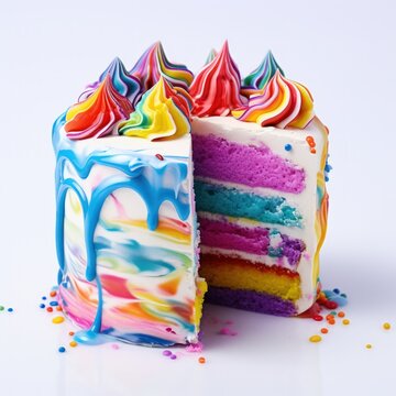A slice of rainbow cake with rainbow colored frosting on top