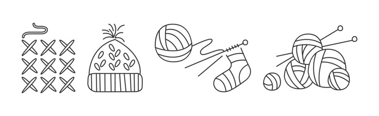 Hand Drawn Knitting Item with Yarn, Hat and Sock Vector Set