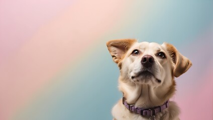 A dog looking up on pastel background with copy space. Generative AI