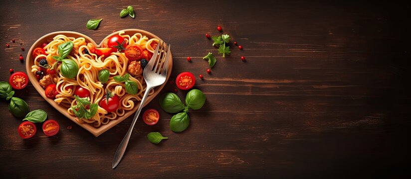 The closeup shot of a wooden fork digging into a vibrant and fresh plate of heart-healthy pasta reflects the traditional and macro approach to food and nutrition in this cuisine.