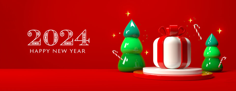 2024 Happy New Year message with gift boxes and trees on a red background