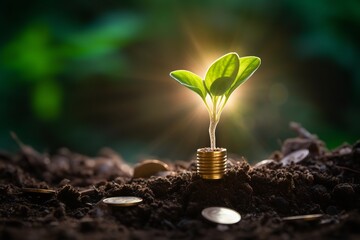 a green plant growing out of a pile of coins is a powerful and evocative one. It is a reminder that money is not the most important thing in life.  - obrazy, fototapety, plakaty