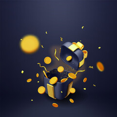 3D Black Open Gift Box Full of Gold Coins Isolated. Render Giftbox in Confetti and Golden Coins Money. Concept of Loyalty Program, Casino or Online Games Bonus. Money Prize Reward. Vector Illustration