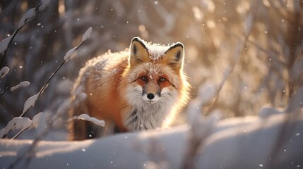 A red fox, its fur thick and warm, dashing through the snow-covered forest, leaving behind a trail...