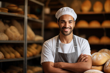 Man baker standing among background of bread shelf - obrazy, fototapety, plakaty