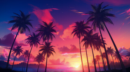 Retro style tropical sunset with palm trees. 