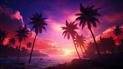 Retro style tropical sunset with palm trees. 