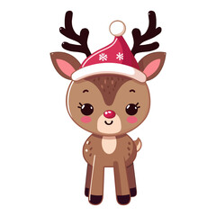 cute reindeer with Santa hat cartoon character vector illustration. flat design.