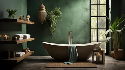 Gordijnen Deep dark green Bathroom interior in minimalist style, light and spacious with wooden elements and plants © Natalia S.