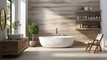 Bathroom interior in minimalist style, light and spacious with wooden elements and mirror
