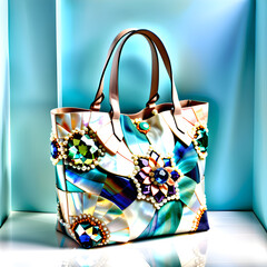 Nature-Inspired Elegance: A women's handbag crafted with mother-of-pearl, pearls, and gemstones.(Generative AI)