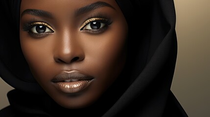 In a crowd of people, a young woman with flawless black skin catches everyones eye with her beautiful face, expertly enhanced with makeup to highlight her stunning features and striking eyes shes the - obrazy, fototapety, plakaty