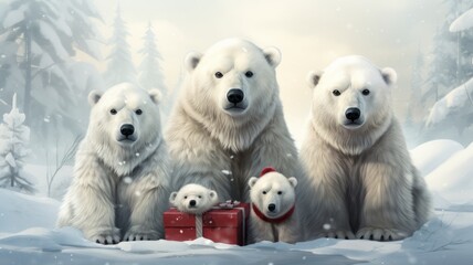 Group of polar bears with gifts in a snowy winter landscape