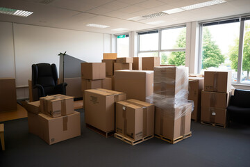 A Office Room Filled with Cardboard Moving Boxes. Generative Ai