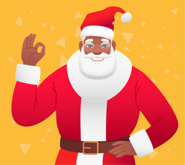 Happy African Santa Claus shows the OK sign with his hand. Black Santa says that everything is fine. New Year's banner.