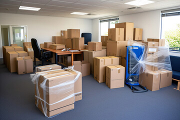 A Office Room Filled with Cardboard Moving Boxes. Generative Ai