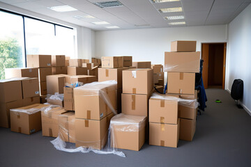 A Office Room Filled with Cardboard Moving Boxes. Generative Ai