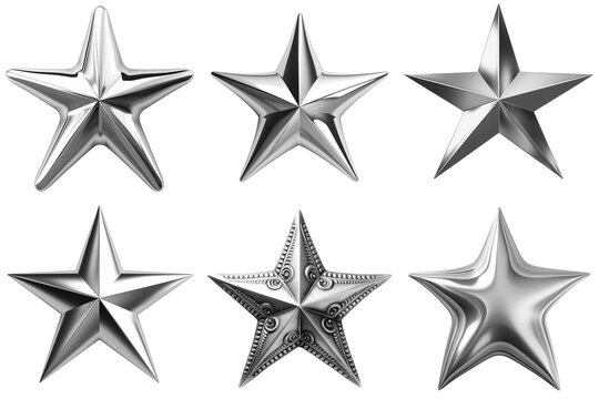 Set of Silver Metal  Five-pointed Stars Isolated on White Background