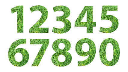  various kinds of numbers 1-9 made of green grass isolated on transparent background, PNG