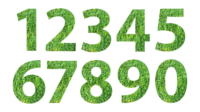  various kinds of numbers 1-9 made of green grass isolated on transparent background, PNG