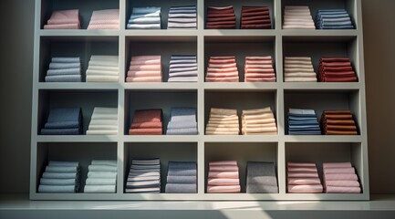 Stack of textiles at a fabric shop. Generative AI