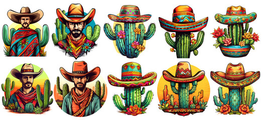 set of mexican Cactus Sticker, Clipart on isolated, transparent background, png, generated ai