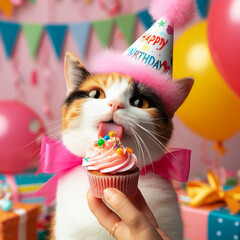 cute cat celebrating birthday and gift