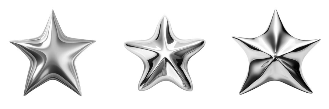 Set of Silver Metal  Five-pointed Liquid Shape Stars Isolated on White Background