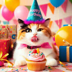 cute cat celebrating birthday and gift