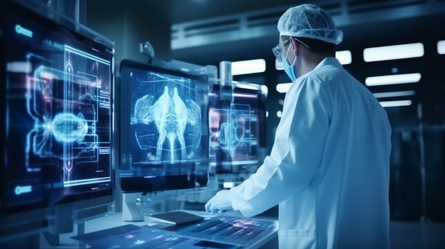 Medical surgeons in a laboratory looking at scans xray patient research lab technology hologram futuristic advanced medicine science